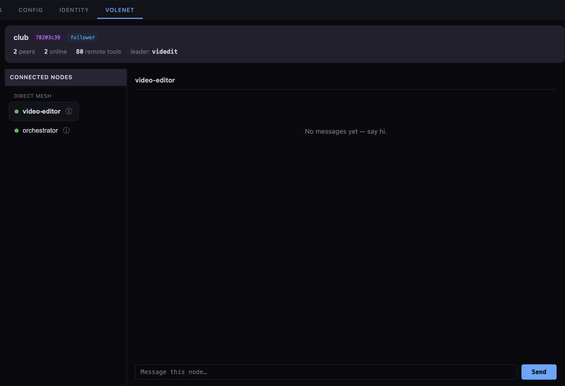 The VoleNet tab: connected peers and remote tools